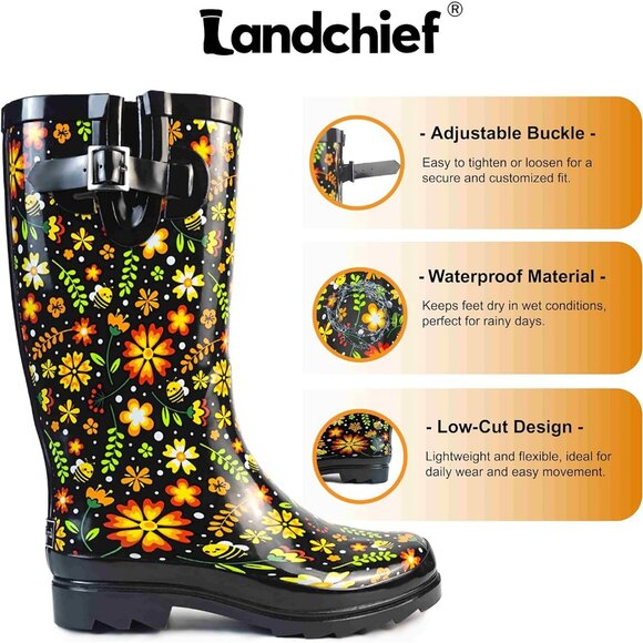 Womens Garden Blossom Black Waterproof Tall Knee High Rubber landchief Rain Boot - Picture 6 of 6